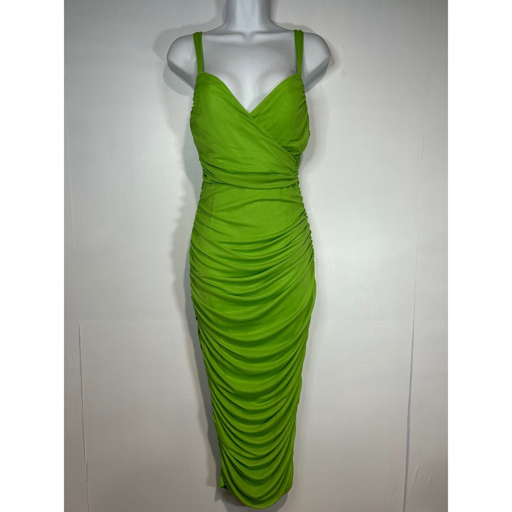 Bodycon Midi Dress Small Green Ruched Mesh Overlay